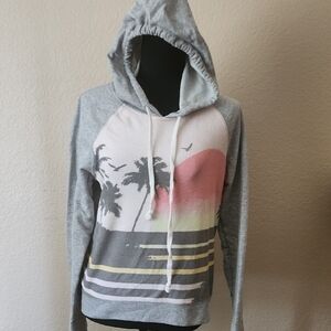 Gray and White Hooded Sweatshirt with Palm Print